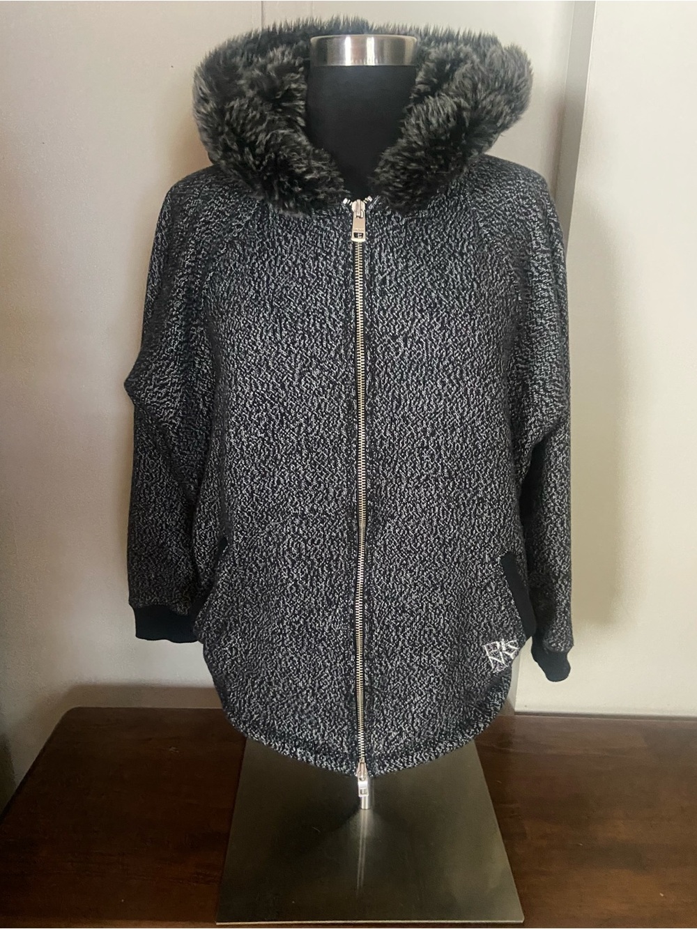 DKNY JEANS Faux Fur Hooded Zip-Front Women's Coat in Charcoal